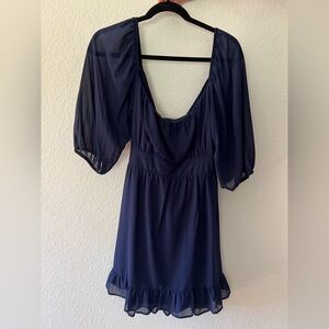 Elegant Navy Blue Dress with Sheer Sleeves